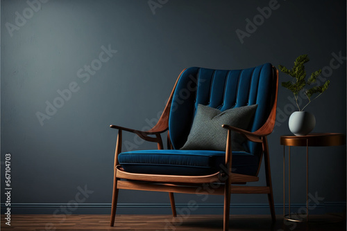 Modern wooden blue fabric living room armchair with gray cushion on empty dark blue wall background.