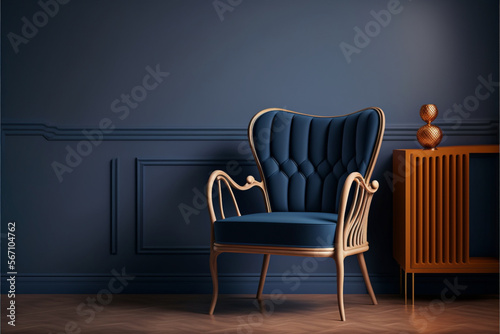 Modern wooden blue fabric living room armchair on empty dark blue wall background.