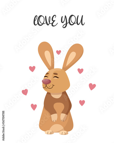 Cartoon happy rabbit. February 14. Loving rabbit. St. Valentine's Day. Greeting card. 