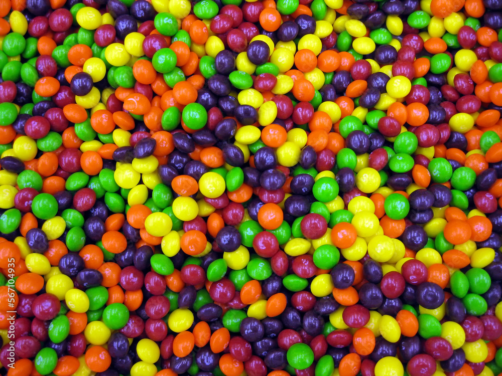 Colorful and crunchy candy-coated chocolate candies.