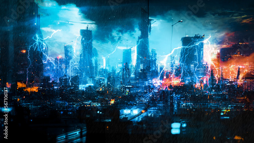 Futuristic city meets bad weather, Digital art style, Illustration. 