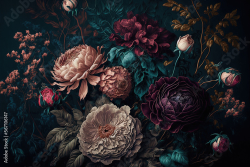 Roses on a black background. Abstract floral design for prints, postcards or wallpaper. AI
