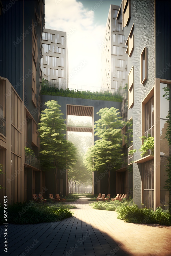 residential highrise buildings ensemble made of prefabricated wood ...