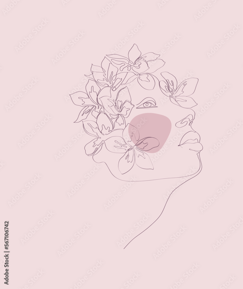 Minimalistic vector portrait of a girl with flowers on a light pink separate background. Minimalistic vector portrait of a girl with flowers on a light pink separate background.