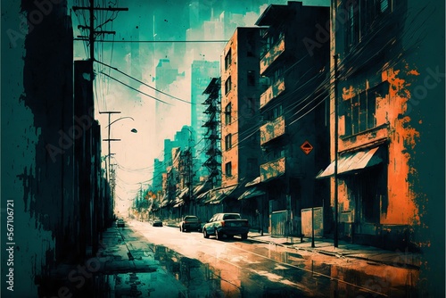City and illustration painting of urban street with grunge texture