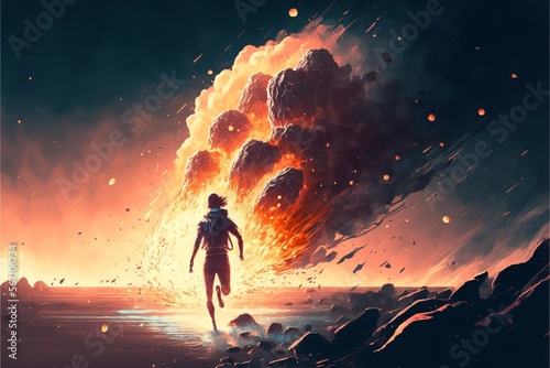 The man running from meteorite or debris rocks with fire falling into the sea  digital art style  illustration painting   Fire explosion
