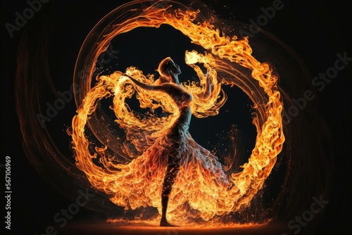 Woman with fire dance. Generative AI