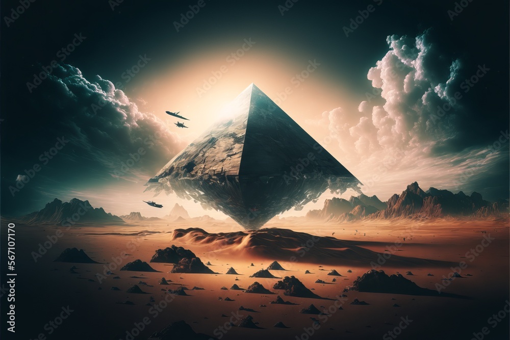 The best sci-fi scene of futuristic black pyramid floating over earth  surface, digital art style, illustration painting Illustration Stock |  Adobe Stock