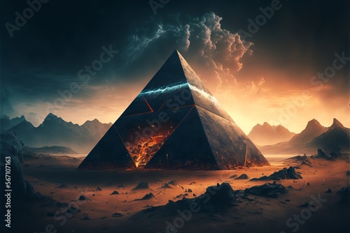 The best sci-fi scene of futuristic black pyramid floating over earth surface, digital art style, illustration painting