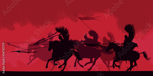 Silhouette of a Polish winged hussars. Cavalry in charge. Horse soldiers in attack. Vector illustration. Isolated. Poland. Commonwealth. Europe.