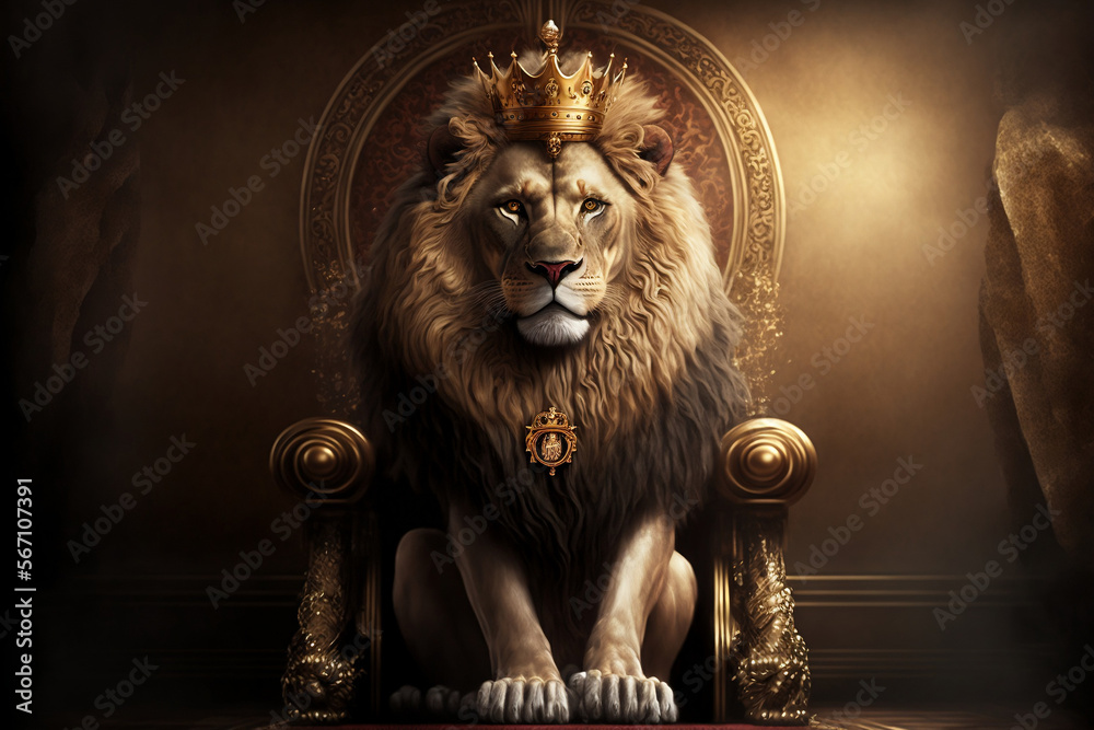 Majestic lion king wearing golden crown sitting on the wooden throne - obrazy, fototapety, plakaty 