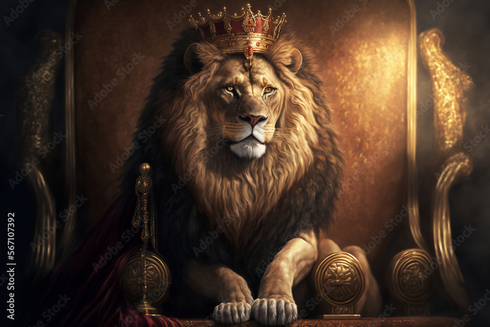 Majestic lion king wearing golden crown sitting on the wooden throne ...