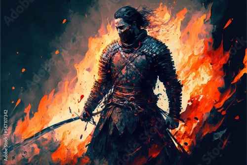 warrior posing with fire flame swords on fire background,illustration painting
