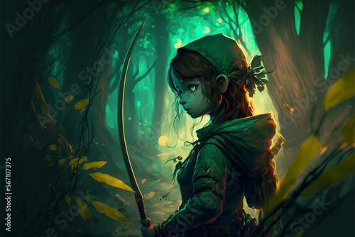 The young hunter in the deep forest. adventure girl holding a bow in the forest, digital art style, illustration painting