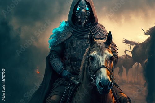 The time is now - apocalypse warrior in a cloak with gas mask holding a gun sitting on horseback, digital art style, illustration painting