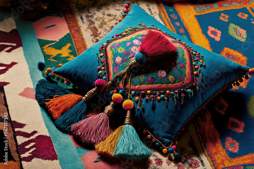  a colorful pillow with tassels and beads on a colorful rug with a tasseled pillow on top of it and a tassel.  generative ai © Anna