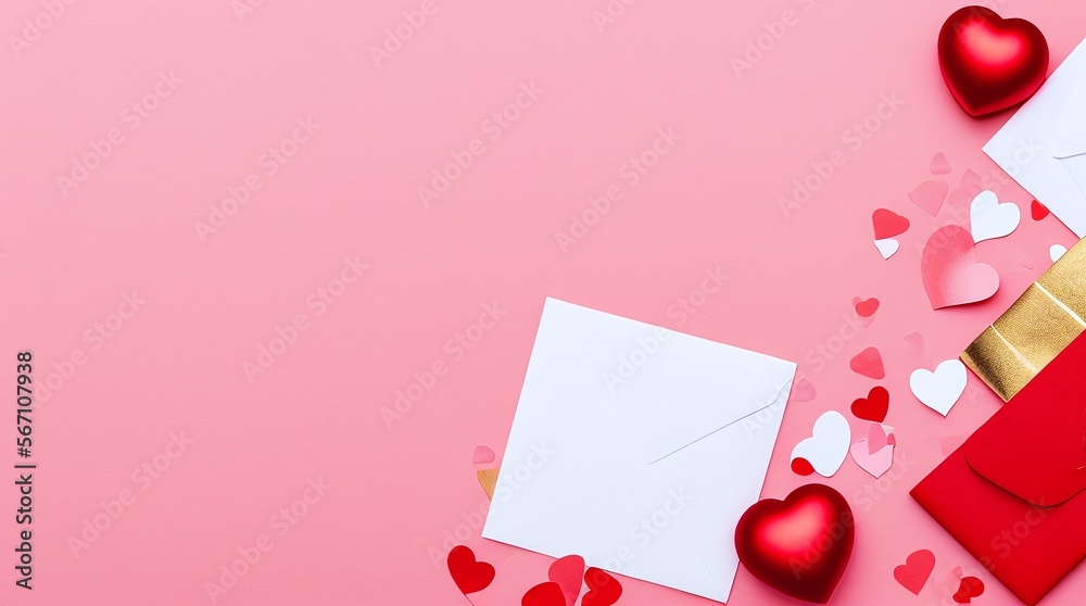 Fondo de San Valentín con sobre, tarjeta de papel y corazones rojos para un mensaje de amor romántico, IA Generativa Fondo de San Valentín con sobre, tarjeta de papel y corazones rojos para un mensaje de amor romántico, IA Generativa