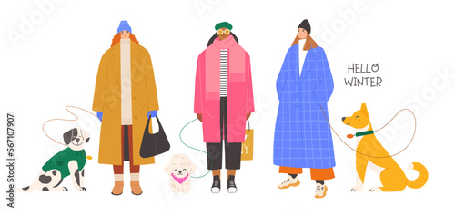 Group of women in trendy outfits standing with various dogs. Winter street style fashion illustration. Dog walking concept. Hand drawn vector banner design.