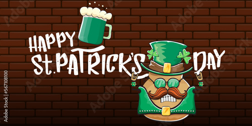 Happy saint patricks day greeting horizontal banner with funky leprechaun rock star potato character with green particks hat, beer and text isolated on brick background. vegetable funky character