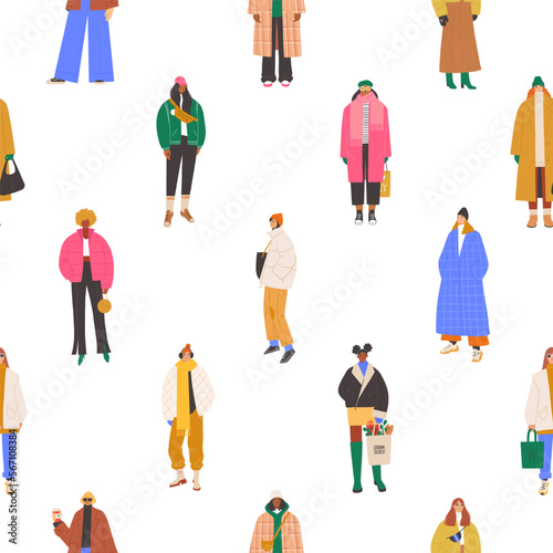 Seamless pattern with various modern women wearing trendy winter clothes. Colorful hand drawn background vector illustration.