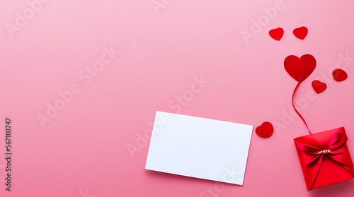 Fondo de San Valentín con sobre, tarjeta de papel y corazones rojos para un mensaje de amor romántico, IA Generativa