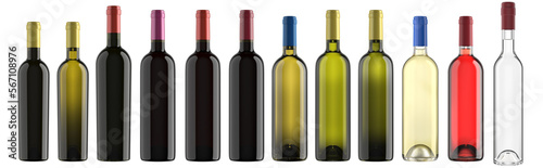 wine bottle collection, various assorted bordeaux type, alpha channel background, on transparent, to make packshots and mockups, 3d rendering. photo
