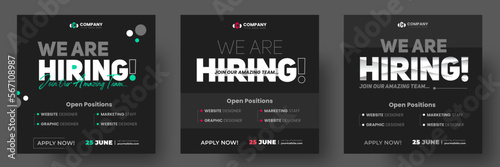 We are hiring job vacancy social media post banner design template with black and dark color. black, dark and white we are hiring banner.  We are hiring job vacancy square web banner design.
