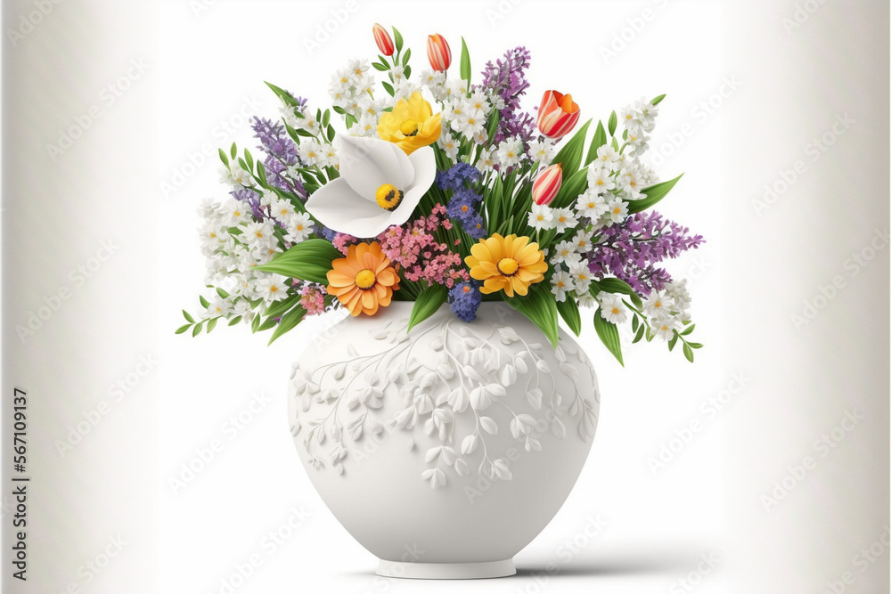 Weiße Vase voller bunter Frühlingsblumen vor weißem Hintergrund. Farbenfroher Frühlingsstrauß in elegantem Design.
