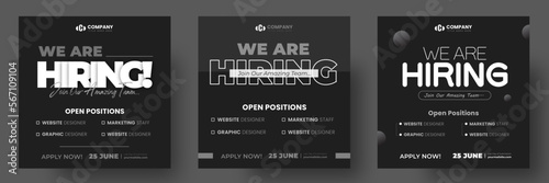 We are hiring job vacancy social media post banner design template with black and dark color. black, dark and white we are hiring banner.  We are hiring job vacancy square web banner design.