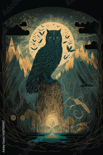 the eerie fantasy of a mighty owl in front of a post-apocalyptic full moon landscape psychedelic vector pop art splatter paint marker dark teal, yellow & orange wallpaper (generative AI) 