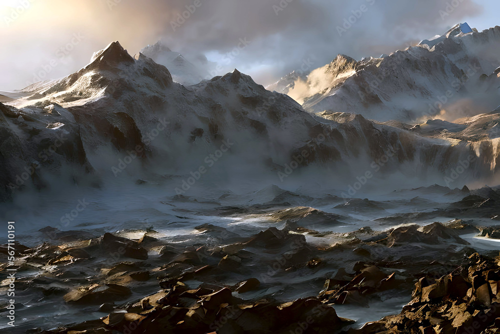 A desolate cold icy and rocky mountainous landscape covered in mist, created with Generative AI technology