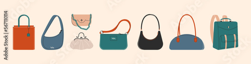 Woman bags. Cartoon female handbag shoulder bag cross body clutch purse backpack, casual fashion accessories. Vector set