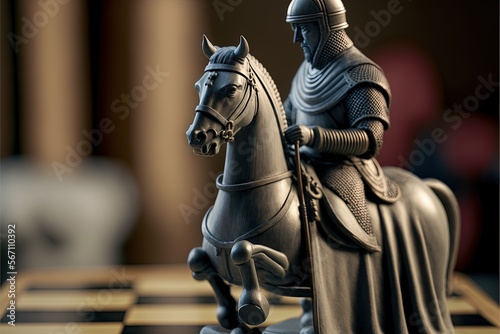 a chess board with a statue of a knight on a horse on it's chess board, with a blurry background of the chess board. generative ai