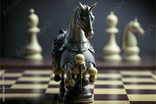  a chess board with a knight on it and a horse on the chess board with the pieces on the chess board in the foreground. generative ai