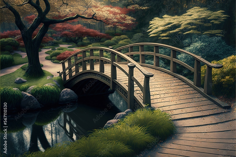 a painting of a bridge over a small pond in a park with trees and grass ...