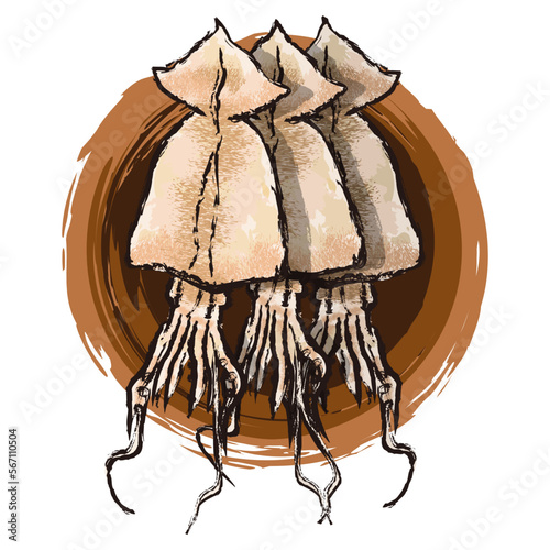 Dried squid, Korean seafood, ink effect, vector