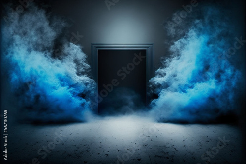 The dark stage shows, empty dark blue background, neon light, spotlights, The asphalt floor and studio room with smoke float up the interior texture for display products