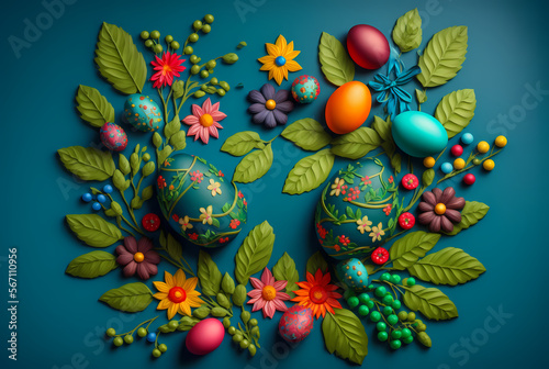 Easter egg background. Wallpaper. Holidays. Leaves. Green background. Colorful pattern. Created by Generative AI