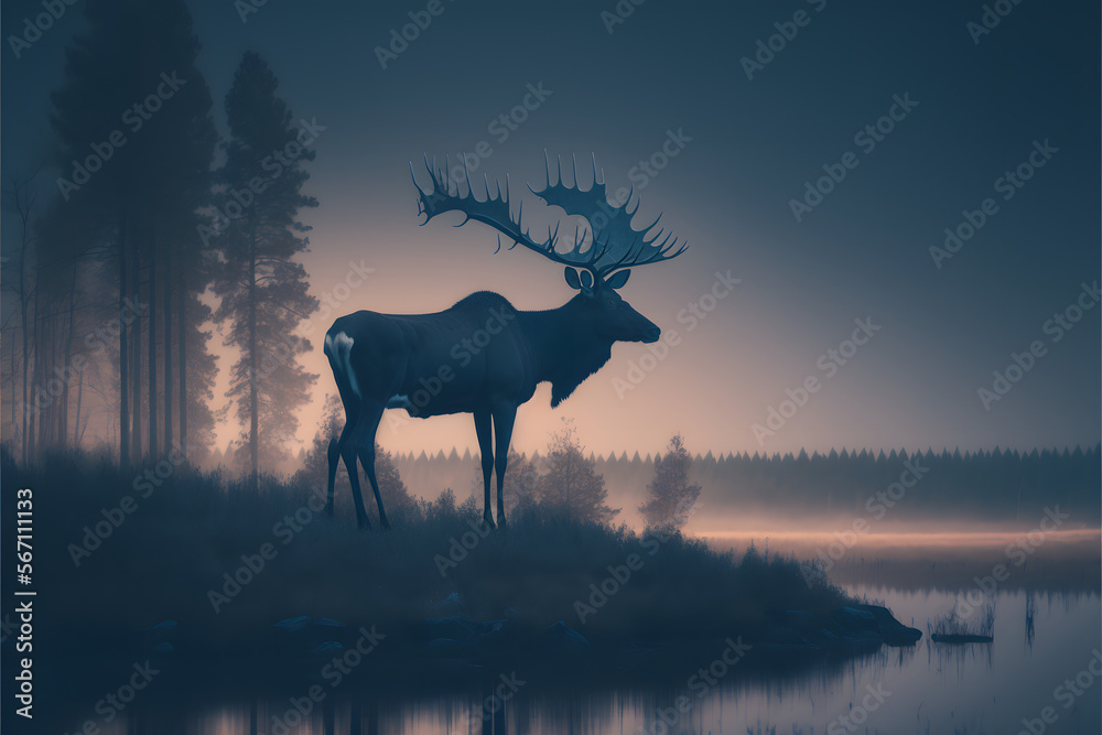 Moose or elk in wilderness created with Generative AI Moose or elk in wilderness created with Generative AI
