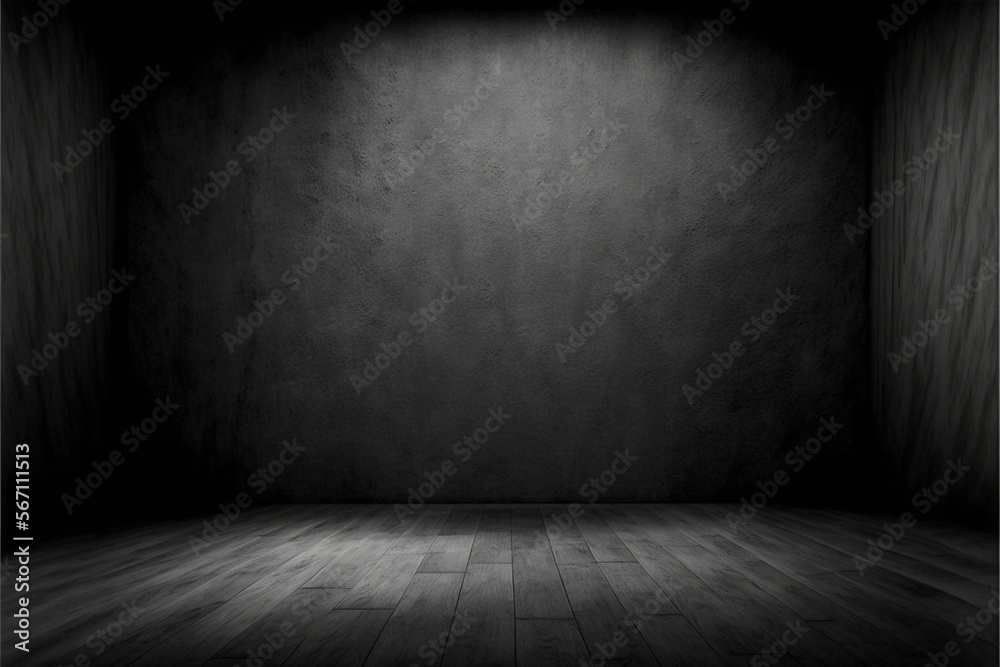 Black wooden floor and dark abstract cement wall and studio room , interior texture for display products wall background Black wooden floor and dark abstract cement wall and studio room , interior texture for display products wall background