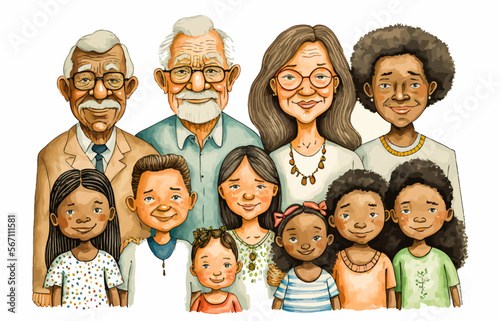 Vector image showing interbreeding and diversity through several generations of a family. Sublime illustration to encourage tolerance and value union.