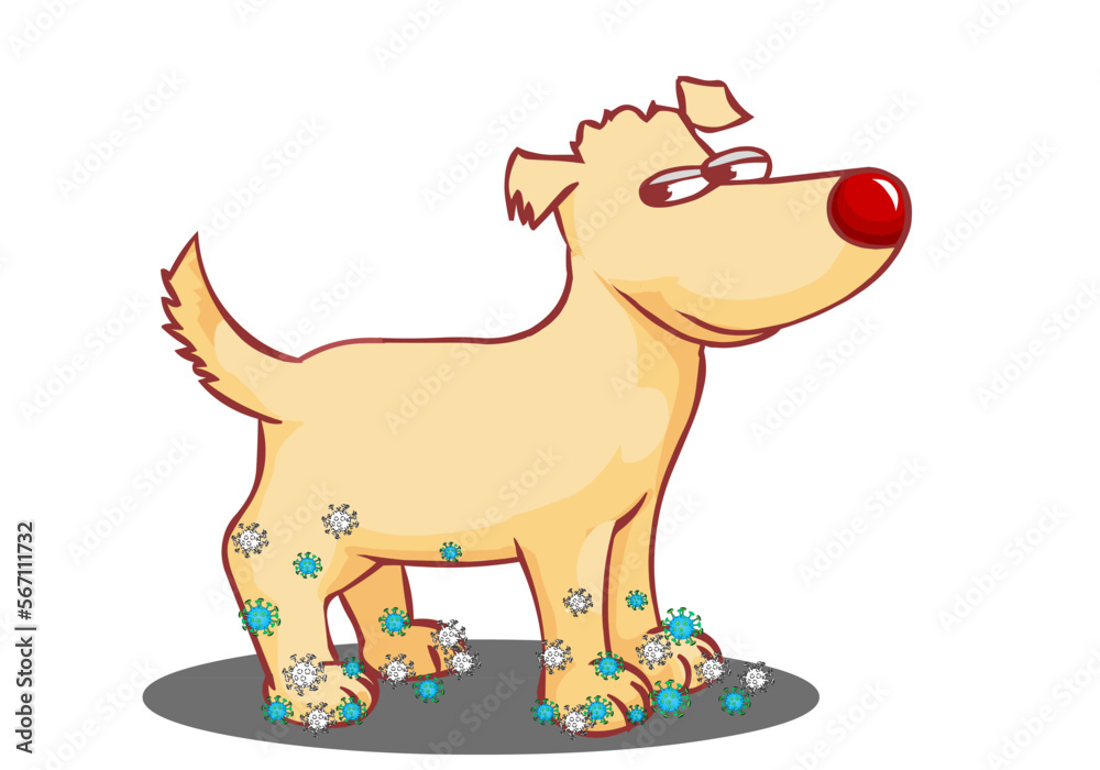 Dirty cartoon dog. Parasites, viruses, microbes, bacterial infections