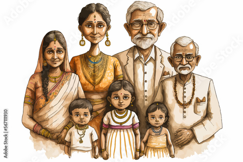 A vector portrait showing a typical Indian family with several generations of Indians. An authentic and timeless insight for all art projects.