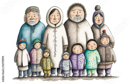 A vector illustration representing an Inuit family, bringing together several generations: a unique way to convey the importance of transmission and culture.