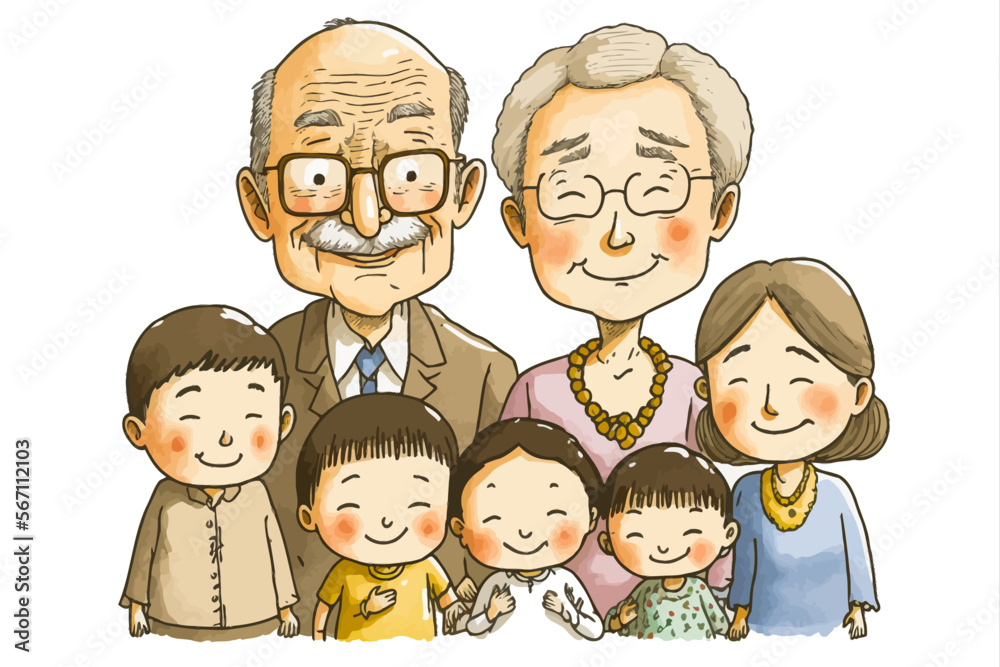 Vector illustration of a multi-generational Japanese family portrait. Perfect for emotional and graphic projects. Vector illustration of a multi-generational Japanese family portrait. Perfect for emotional and graphic projects.
