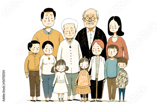 Vector illustration of a Japanese family with several generations, perfect to evoke family links, cultural diversity and various graphic uses.