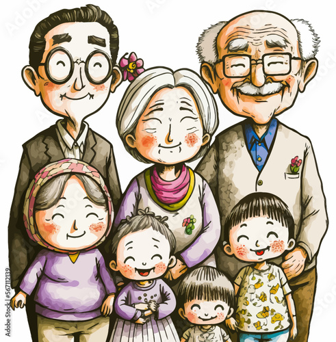 Vector illustration of a Japanese multigenerational family. Perfect for evoking feelings of love and family or for a unique graphic design.