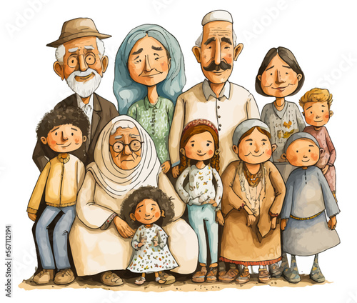 A vector portrait presenting a Moroccan family through several generations. A moving visual that illustrates family ties and the importance of continuity.