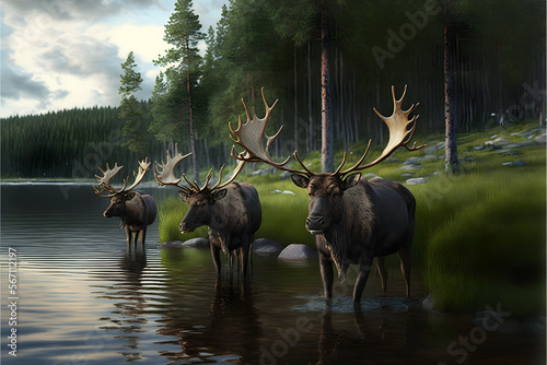 Moose or elk in wilderness created with Generative AI photo