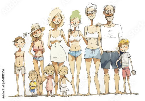 Multigenerational family group on vacation at the beach. Captivating vector illustration. An ideal scene to inspire warm feelings or creative use.